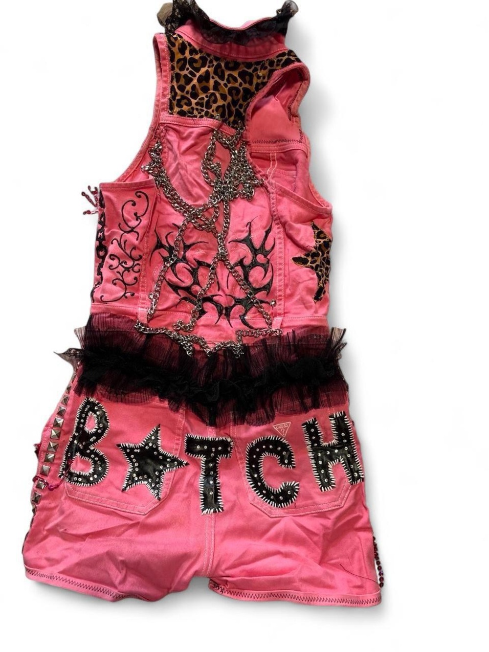 GUESS Pink Studded Punk Romper with Black Tulle & Chains
